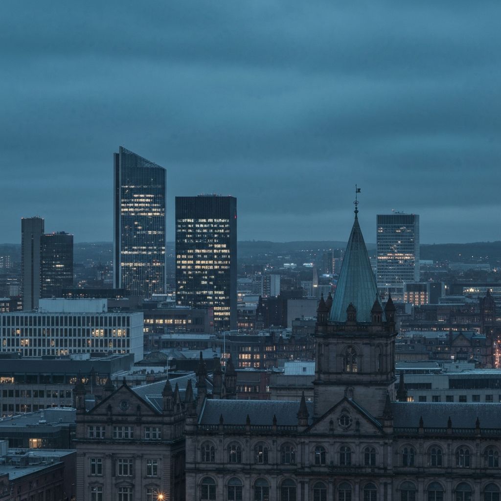City skyline at dusk representing urban living environments